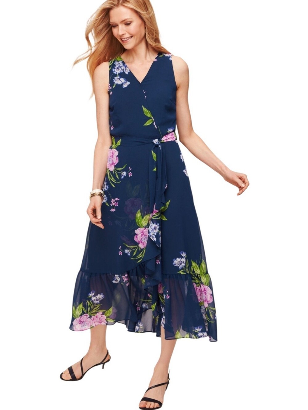 Talbots Blue Floral Sleeveless Chiffon Midi Shift Dress Size 14